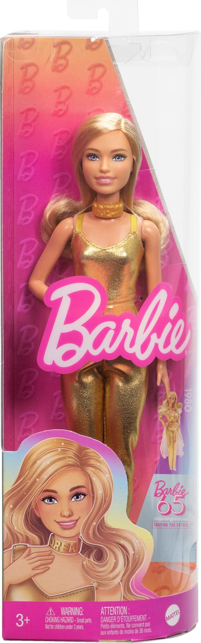 Kukull Barbie Fashionistas Doll 222 Petite 65 vjetori, jumpsuit i artë, flokë bionde me onde