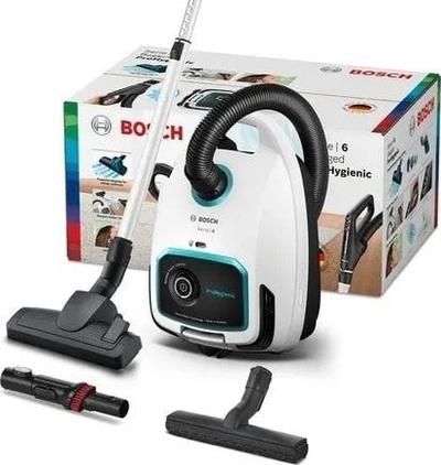 Fshesë me korrent Bosch ProHygienic BGL6HYG1, me qese, filtër HEPA U15, e bardhë