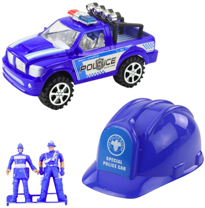 Lodër set policie për kalamoj, makinë e madhe policie, figura dhe helmetë, blu