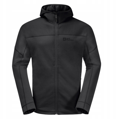 Polar për meshkuj Jack Wolfskin Hirschberg Hooded FZ, me kapuç, zinxhir i plotë, i zi