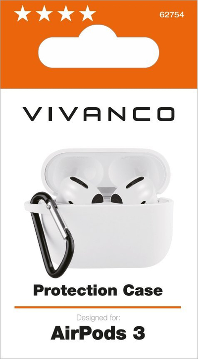 Kuti mbrojtje Vivanco për Apple AirPods 3, silikon, me karabinë, e bardhë