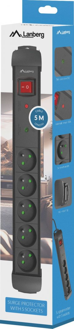 Shirit elektrik Lanberg SP1-05E-0500-BK, 5 presa, kabllo 5 m, i zi