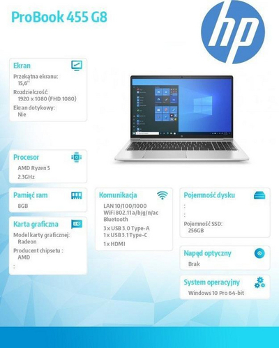  Laptop HP, ProBook 455 G8, 15.6", AMD Ryzen 5, 2.3 GHz, 8 GB RAM, SSD 256 GB, Windows 10 Pro, i argjendtë