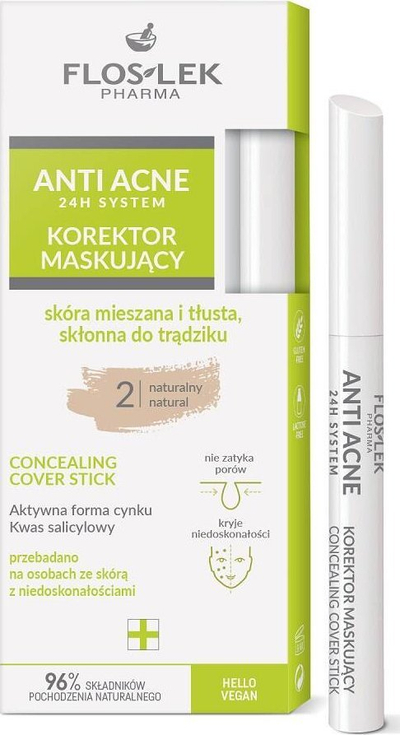 Korektor stik Floslek Anti Acne 24H System, toni 2 Natural, për lëkurë me akne