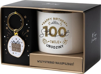 Set dhurate Burga për 100 vjetor, filxhan qeramike 330 ml, varëse çelësash, e bardhë edhe ari