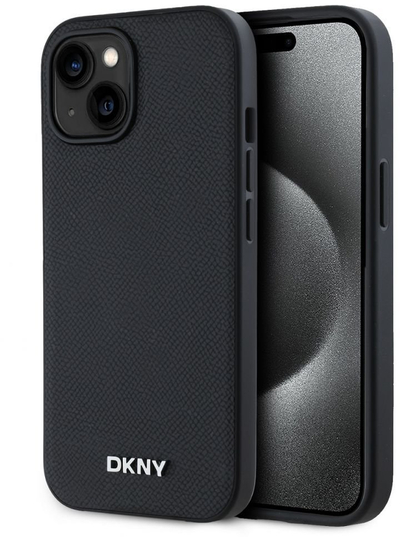 Mbulesë DKNY PU Leather MagSafe për iPhone 15, logo metalike, e zezë