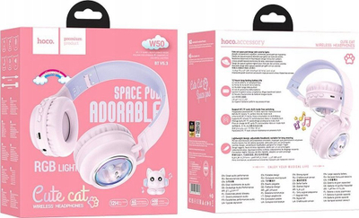 Kufje pa tela Hoco W50 Over Ear, Bluetooth 5.3, RGB, rozë
