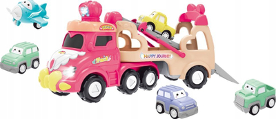 Set lodrash Lean Toys Double Decker Transport Cars, 5 në 1, me drita dhe tinguj, rozë me të bardhë