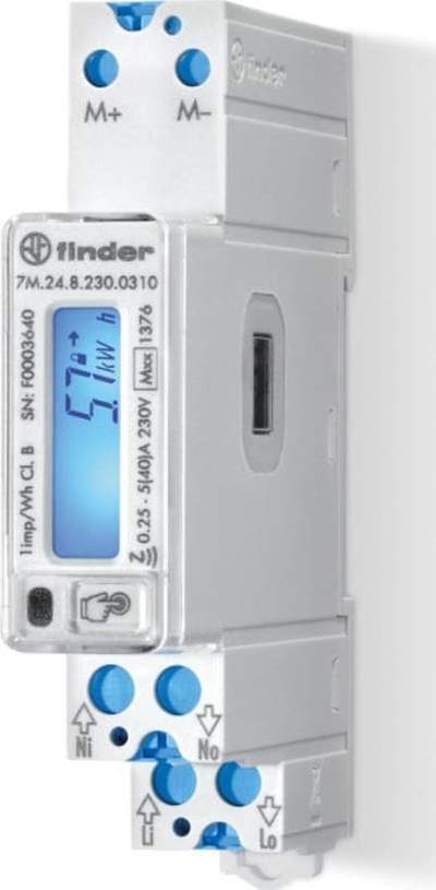Matës energjie Finder 7M.24.8.230.0310, monofazor 40A, MID M-Bus NFC, i bardhë