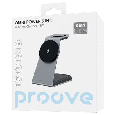 Karikues wireless 3 në 1 Proove Omni Power, 15W, gri