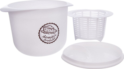 Set për bërjen e gjizës Orion, enë plastike me kullojës, 17 x 14 x 12 cm, e bardhë