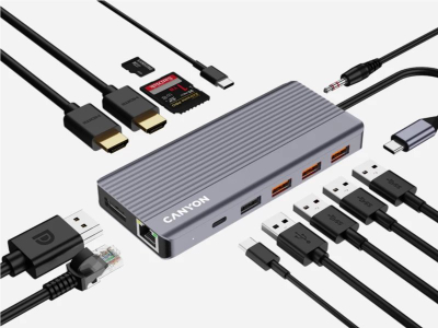 Hub USB Canyon DS-16 13in1, 4K, PD 100W, gri