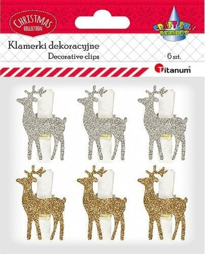 Kapëse zbukuruese Titanum Reindeer, dru, set me 6 copë, të bardha, me ar dhe argjend