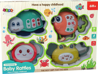 Set lodrash Leantoys Rattle, 4 copë, me zile dhe dhëmbçka, shumëngjyrësh