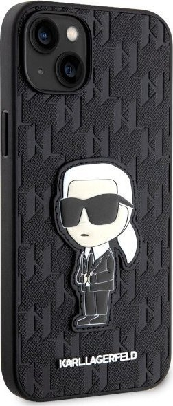 Mbështjellës telefoni Karl Lagerfeld Saffiano Monogram Ikonik për iPhone 14 Plus, lëkurë eko, shkon me karikim me valë, i zi