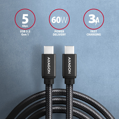 Kabllo AXAGON USB-C - USB-C SPEED USB3.2 Gen 1, PD60W 3A, 1m, e zezë