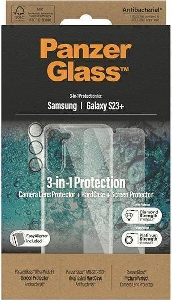 Paketë mbrojtëse PanzerGlass 3 në 1 për Samsung Galaxy S23+, xham ekrani, hardcase i tejdukshëm