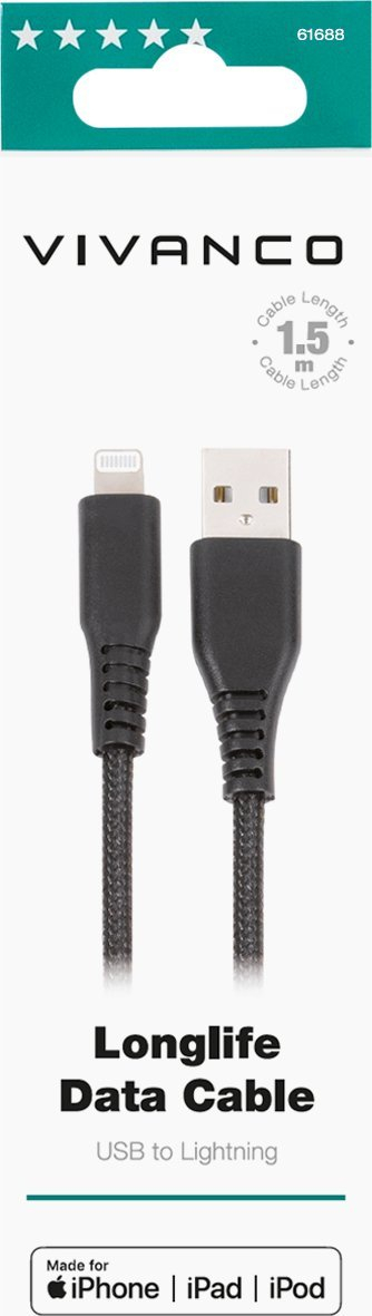 Kabllo karikimi Vivanco LongLife, USB në Lightning, 1.5m, e zezë