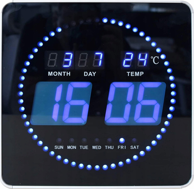 Orë murale digjitale Chebran Unilux 400124566, 28 x 28 cm, ekran LED blu, e zezë