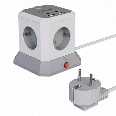 Zgjatës elektrik BlitzWolf BW-EC1, 4xAC 4xUSB, 1.8 m, gri e bardhë