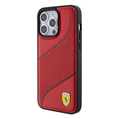 Mbrojtëse telefoni Ferrari Perforated Waves për iPhone 15 Pro, me logo metal, e kuqe