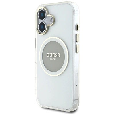 Футрола за телефон Guess IML Metal Circle MagSafe, за iPhone 16 6.1", проѕирна сива