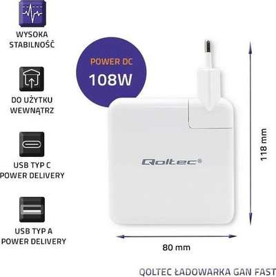 Karikues USB Qoltec GaN FAST 108W, 1x USB C, 1x USB A, i bardhë