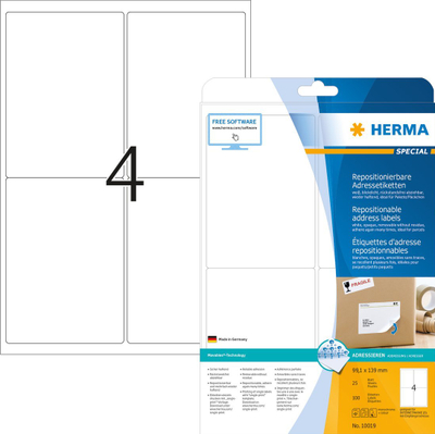 Etiketa adrese HERMA Movables, A4, 99.1x139 mm, të bardha