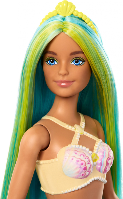 Kukull sirenë Barbie Mermaid, flokë blu dhe të verdha, bisht turkez, me aksesor në kokë