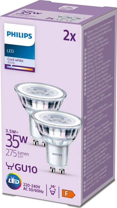 Llambë LED Philips GU10 3.5W, 275lm 4000K, xham transparent, set 2 copë