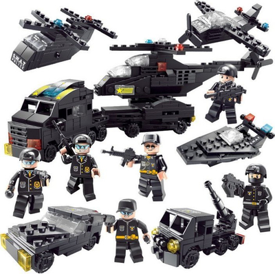Set lodrash blloqe LEANToys Police S.W.A.T 6‑in‑1, 343 copë, me figurina, i zi