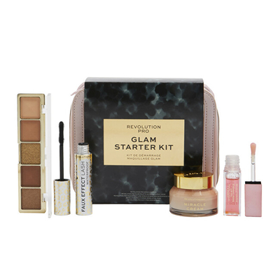 Set kozmetik Revolution PRO Glam Starter Kit, krem për lëkurë 50 ml + paletë hijesh për sy 5.5 g + maskarë për qerpikë 8 ml + vaj për buzë 8 ml + çantë kozmetike