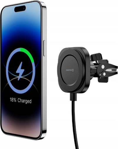 Mbajtës telefoni për makinë Swissten MagStick Compact, karikim wireless 15W, MagSafe, i zi
