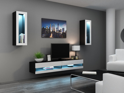 Komodë TV Cama Meble Vigo New, 140 cm, me shkëlqim, e bardhë e zezë
