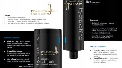 Shampo flokësh Mevelle Professional Hydra &amp; Shine, intensive, me acid hialuronik dhe alga, e zezë