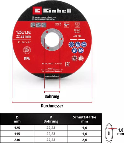 Set disqe prerëse Einhell, 5 copë, 125 mm, për hekur e inoks
