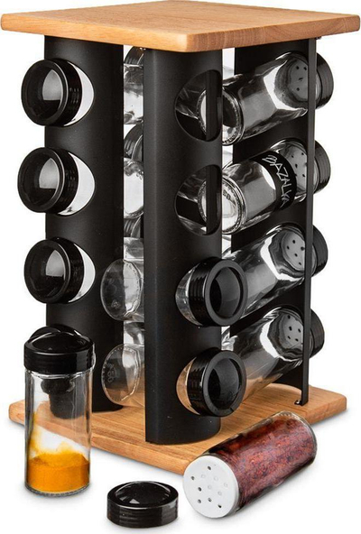 Set kavanozësh për erëza Orion Spice Jar, 16 copë, me qëndrim rrotullues, i zi
