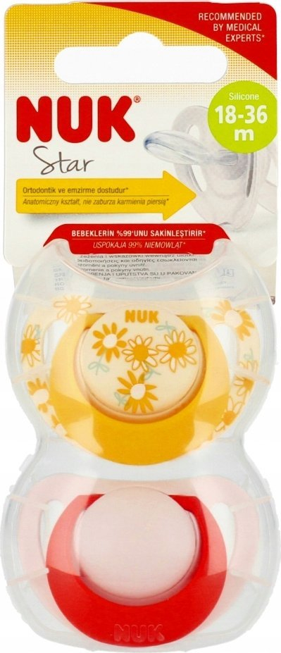 Biberon NUK Soother, silikon, 18-36 muaj, set 2 copë, të verdhë dhe rozë