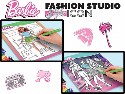 Libër kreativ Lisciani Barbie Sketch Book Style Icon Fashion Studio, set me ngjitëse dhe modele, për kalamaj 5+