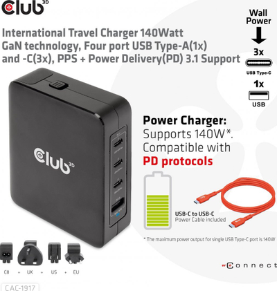 Karikues udhëtimi Club 3D GaN3 3C1A, 140W, 3x USB C 1x USB A, i zi