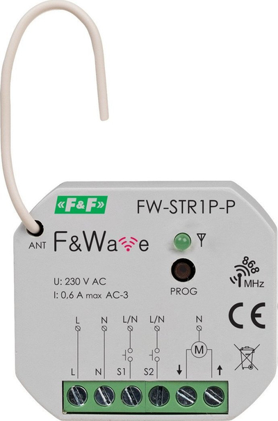 Kontrollues radio për roleta F&amp;F Wave FW-STR1P-P, 0.6A, 85-265V AC/DC, për kuti Ø 60 mm