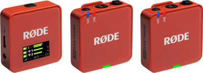 Mikrofon pa tela RØDE Wireless GO Gen 3, me 2 transmëtues, 2.4 GHz, i kuq