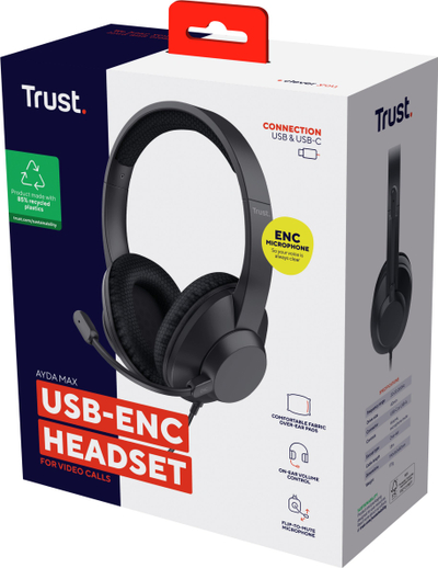 Kufje Trust Ayda Max me kabllo, USB C dhe USB A, të zeza