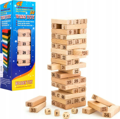 Lojë tavoline Wiss Toy Wooden Tower, 54 kube druri, me zar, me ngjyrë druri