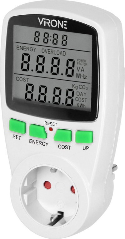 Matës energjie VIRONE EM-4(GS), ekran LCD, 3680W, prizë Schuko, i bardhë