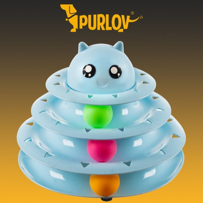 Lodër interaktive për mace Purlov Tower, 3 kate me toptha, 24cm, blu