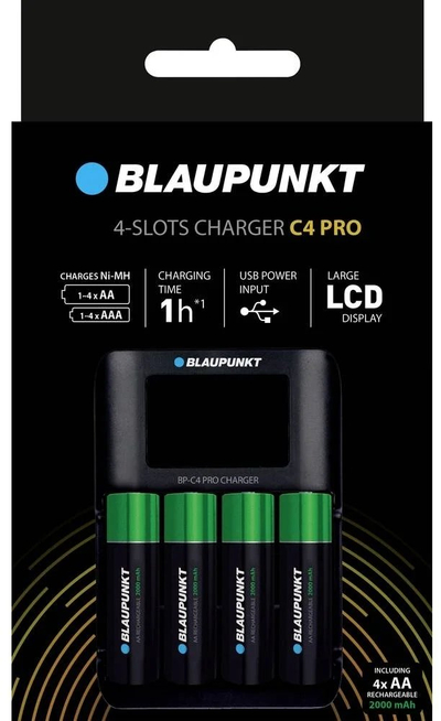 Karikues baterish Blaupunkt C4 Pro, 4 slote AA AAA, ekran LCD, i zi