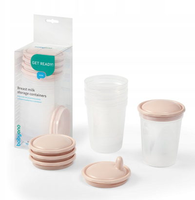 Enë për ruajtjen e qumështit BabyOno, 4 copë, plastikë pa BPA, bezhë