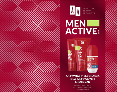 Set kozmetike për burra AA Men Active, krem fytyre SPF 30, xhel larje fytyre 3 në 1, antiperspirant, i kuq