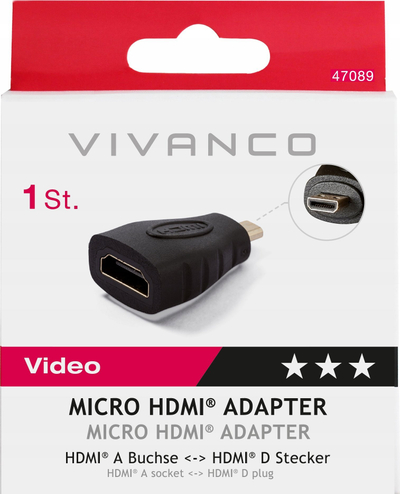 Adapter HDMI në Micro HDMI Vivanco 47089, me kontakte të veshme me ar, ngjyrë e zezë